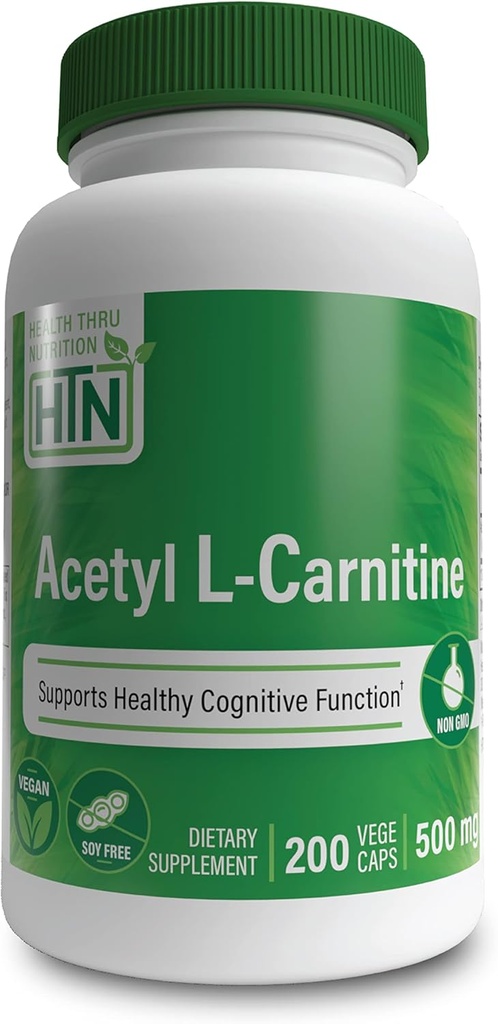 Health Thru Nutrition Acetyl L- Carnitin 500mg 200 Kapsler er 124; Understøtter Cognition & Mental Funktion er 124; Memory & Opmærksomhed er 124; Non- GMO, 3. part testet, Hypoallergen, Gluten Free, Soy Free, Vegan