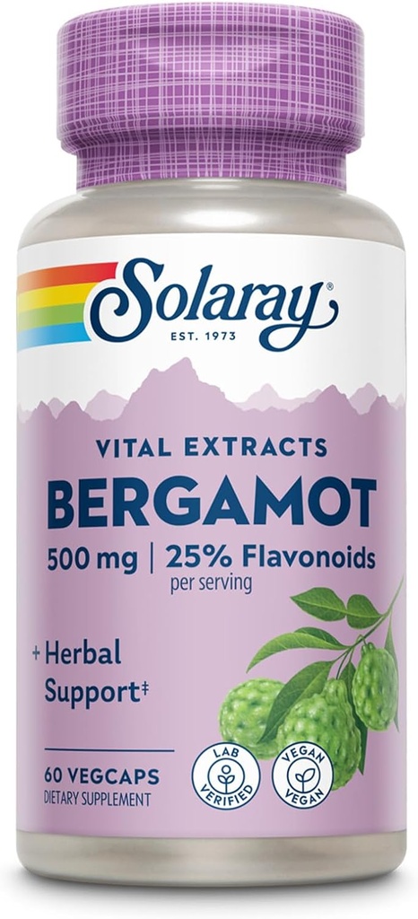 SOLARAY Bergamot 500 mg - Citrus Bergamot supplement til en aktiv livsstil - Standardiseret til 25% Flavonoider - med Berberine HCl fra indisk bær - Vegan, 60- Day Garanti, 30 Serv, 60 VegCaps