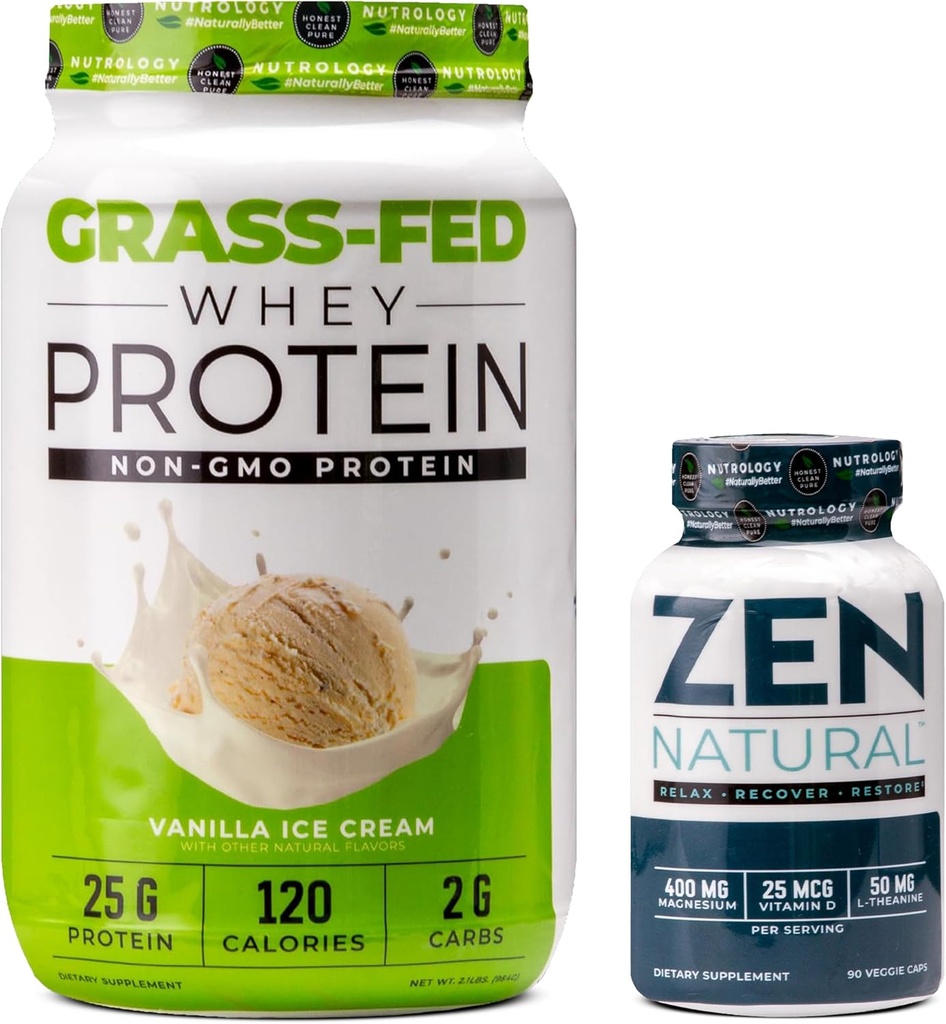 Nutrologi Græs Fed Whey Protein Powder - Vanilla Ice Cream Flavor (28 Servere) Zen Natural Magnesium Supplement (30 Servere)