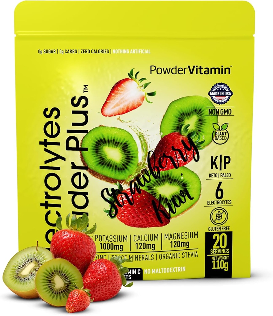 PowderVitamin Electrolytes Powder Plus (20 Servere) Strawberry Kiwi Electrolyte Powder Zero Calorie Keto, 0 Sugar, No Maltodextrin, 1000mg Kalium, 120mg Calcium, 120mg Magnesium, Pink Himalayan salt