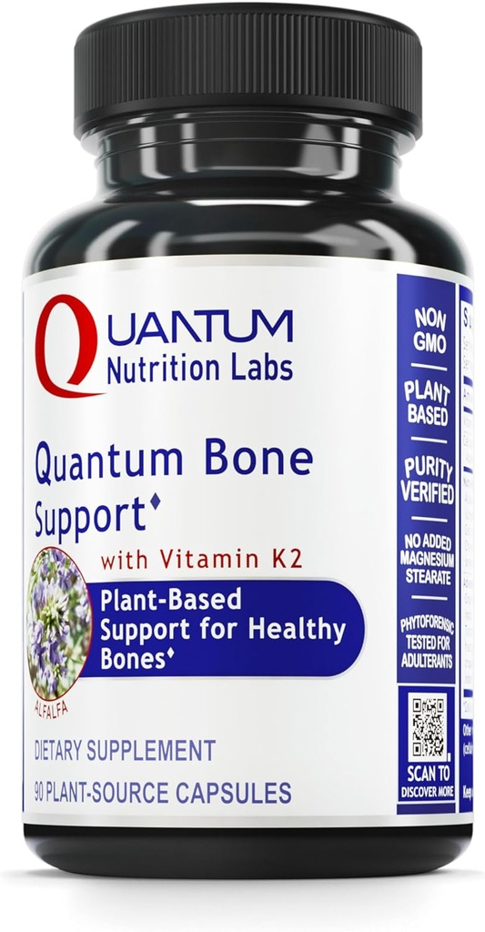 Quantum Nutrition Labs Quantum Bone Health - Bone Health Vitamins, Bone Strength Supplement for Women and Men, Organic Calcium Supplement with Fermented Vitamin K2, Bone Health Support - 90 Capsules