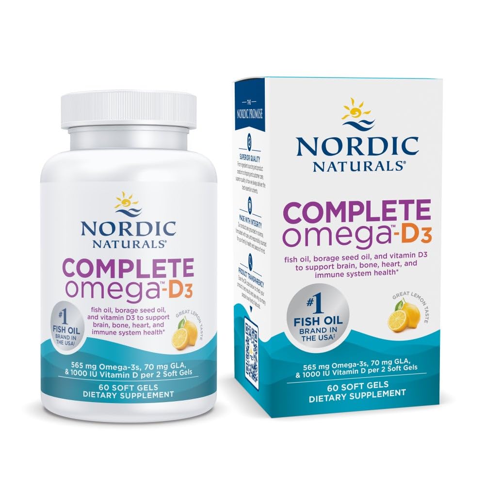 Nordic Naturals Complete Omega- D3, Lemon Flavor - 60 Soft Gels - 565 mg Omega-3 + 70 mg GLA + 1000 IE vitamin D3 - EPA & DHA - Sund hud, kognition, & positiv mood - non-GMO - 30 Servering