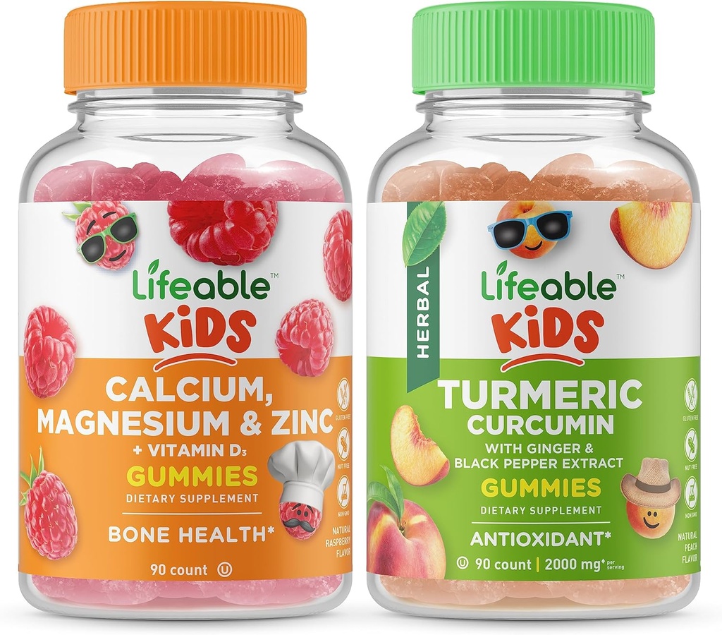 Lifeable Calcium Magnesium & Zink Kids + Gurkemeje Kids, Gummies Bundle - Great Tasting, Vitamin Supplement, Gluten fri, GMO fri, Chewable Gummy