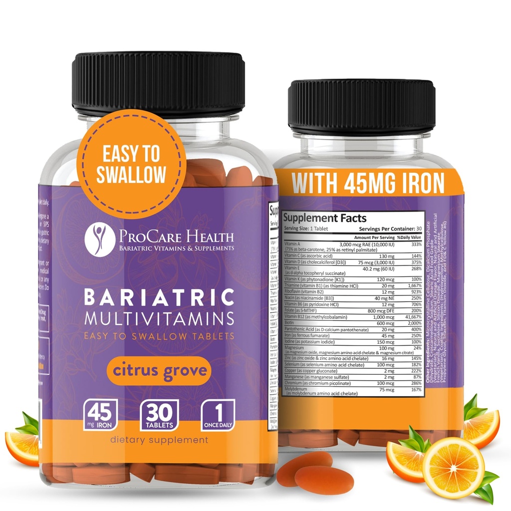 Procare Health Bariatric Multivitamin med Iron 45mg Let at synke 30 tabletter - Post Op Bariatrical Vitaminer for Gastric bypass piller *, Sustains Recovery & Energy for Sleeve Patienter * (1 måned Tilgang)