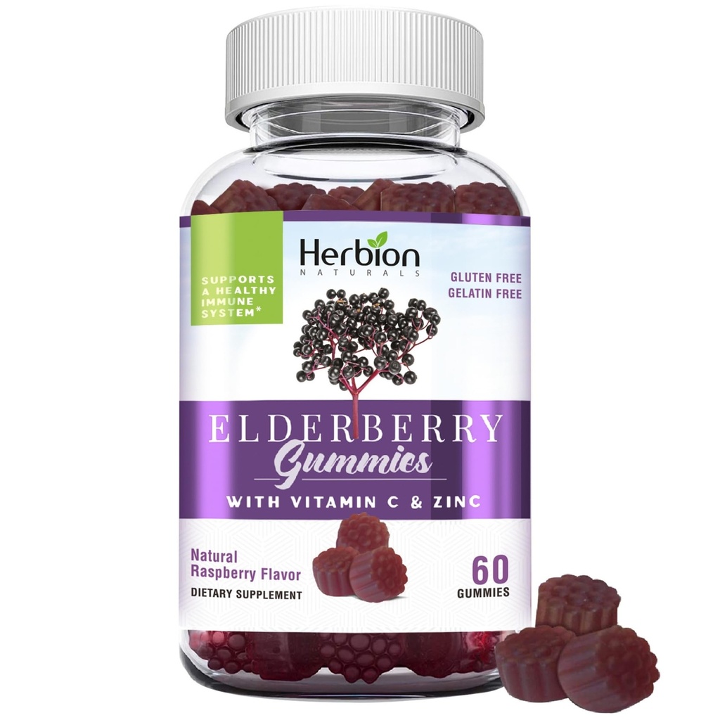 HERBION Elderberry Gummies med C-vitamin & Zink - Sund immunsystem support - Gluten- Free & Gelatin- Free - 60 Gummies for voksne & børn 4 år & derover - Made in USA, 60 Greve (Pakke af 1)