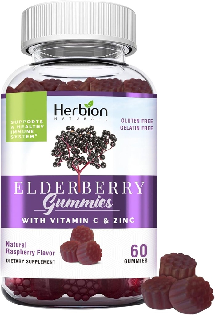 HERBION Elderberry Gummies med C-vitamin & Zink - Sund immunsystem support - Gluten- Free & Gelatin- Free - 60 Gummies for voksne & børn 4 år & derover - Made in USA, 60 Greve (Pakke af 1)