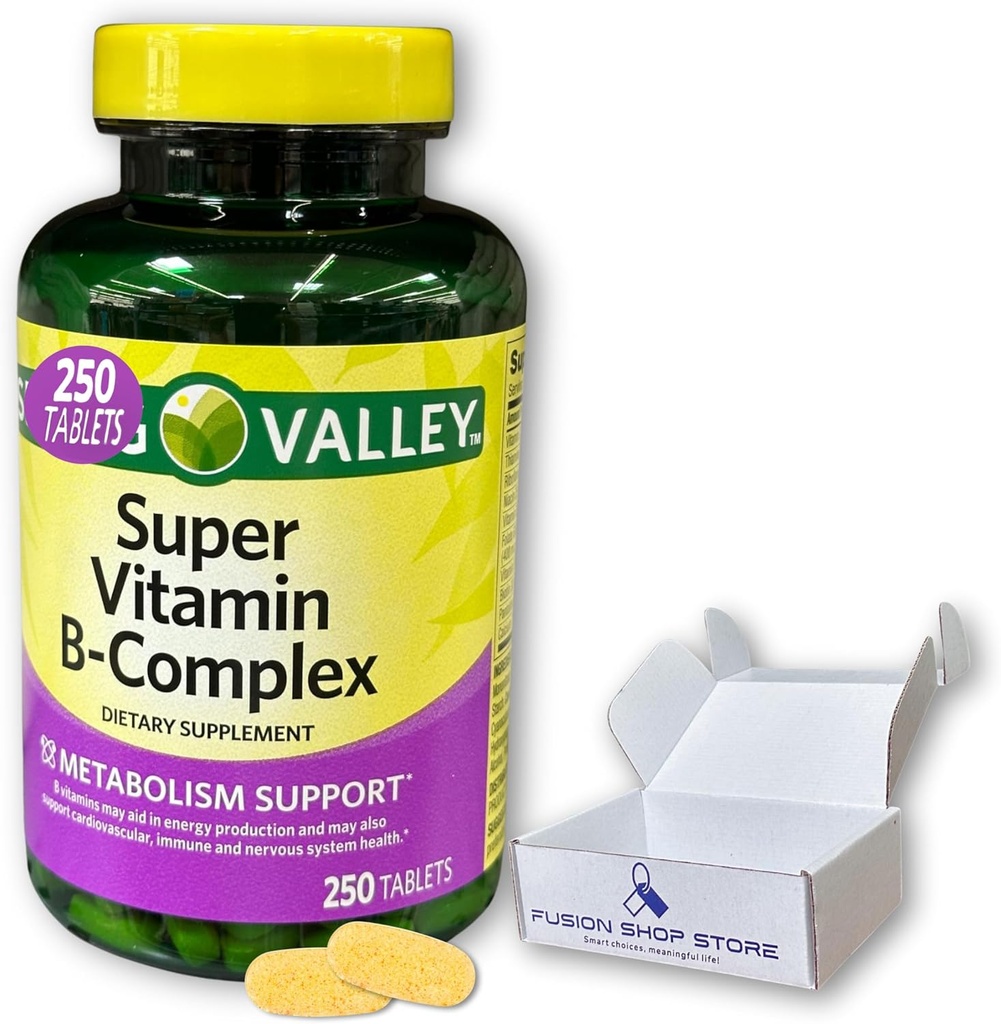 Super Vitamin B Complex Spring Valley- tabletter 250 Count Blend af B6 B12 C thiamin biotin folat pantothensyre og riboflavin, boxed by Fusion Shop Store