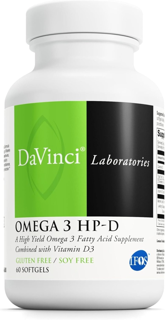 DAVINCI Labs Omega 3 HP-D - Kosttilskud til support immunsystem, sunde joints og cardiovaskulær og hudsundhed * - med vitamin D3 og mere - Gluten- fri - 60 Softgels