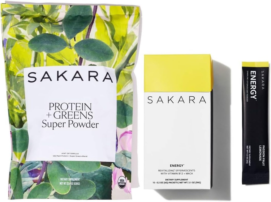 SAKARA Protein + Greens Super Powder & Energy Effervescent - Organic Protein Powder & Greens Powder, Raffineret sukkerfri elektrolytpulver