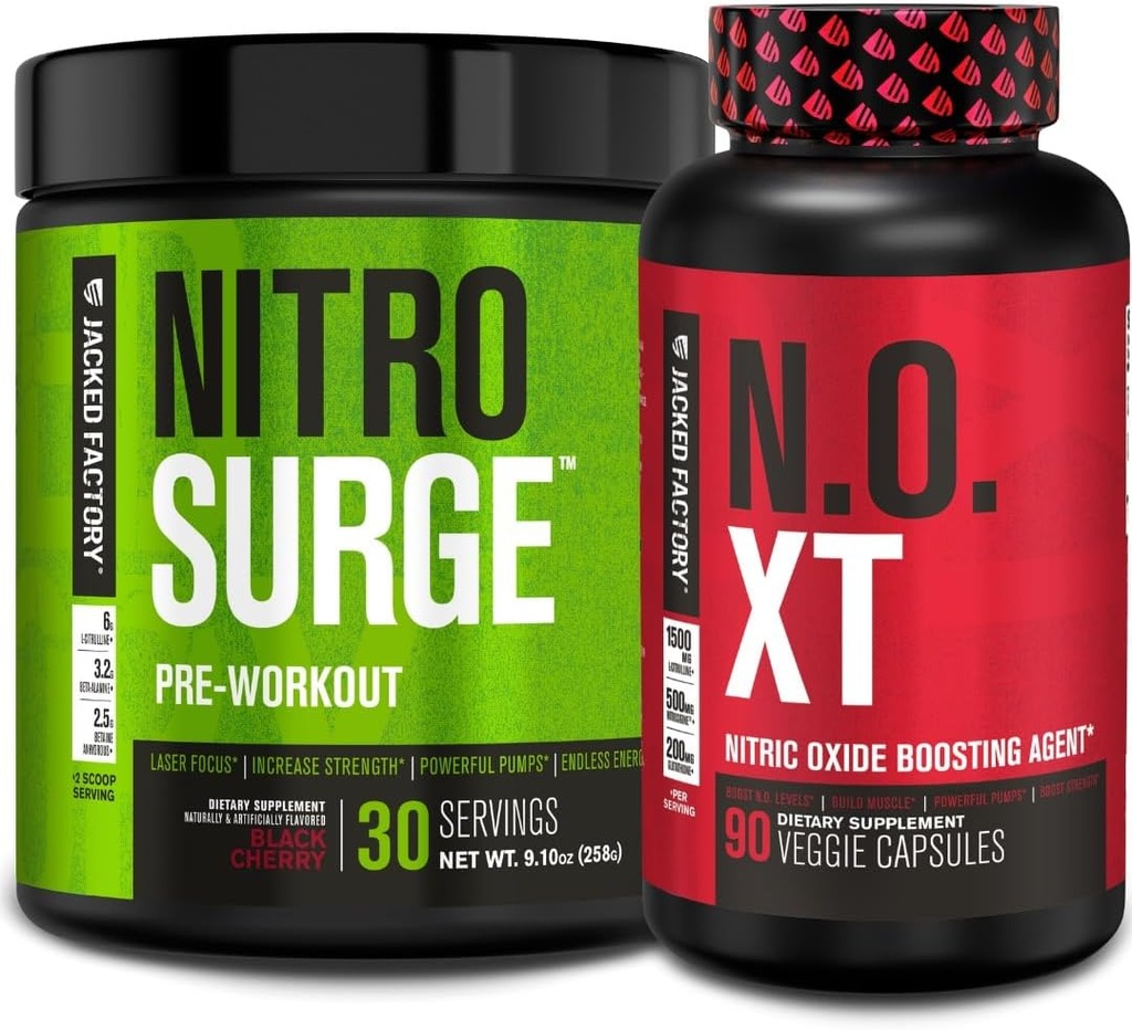 Jacked Factory Nitrovolume Pre- Workout i Black Cherry & N.O. XT nitrogenoxid Booster for mænd og kvinder
