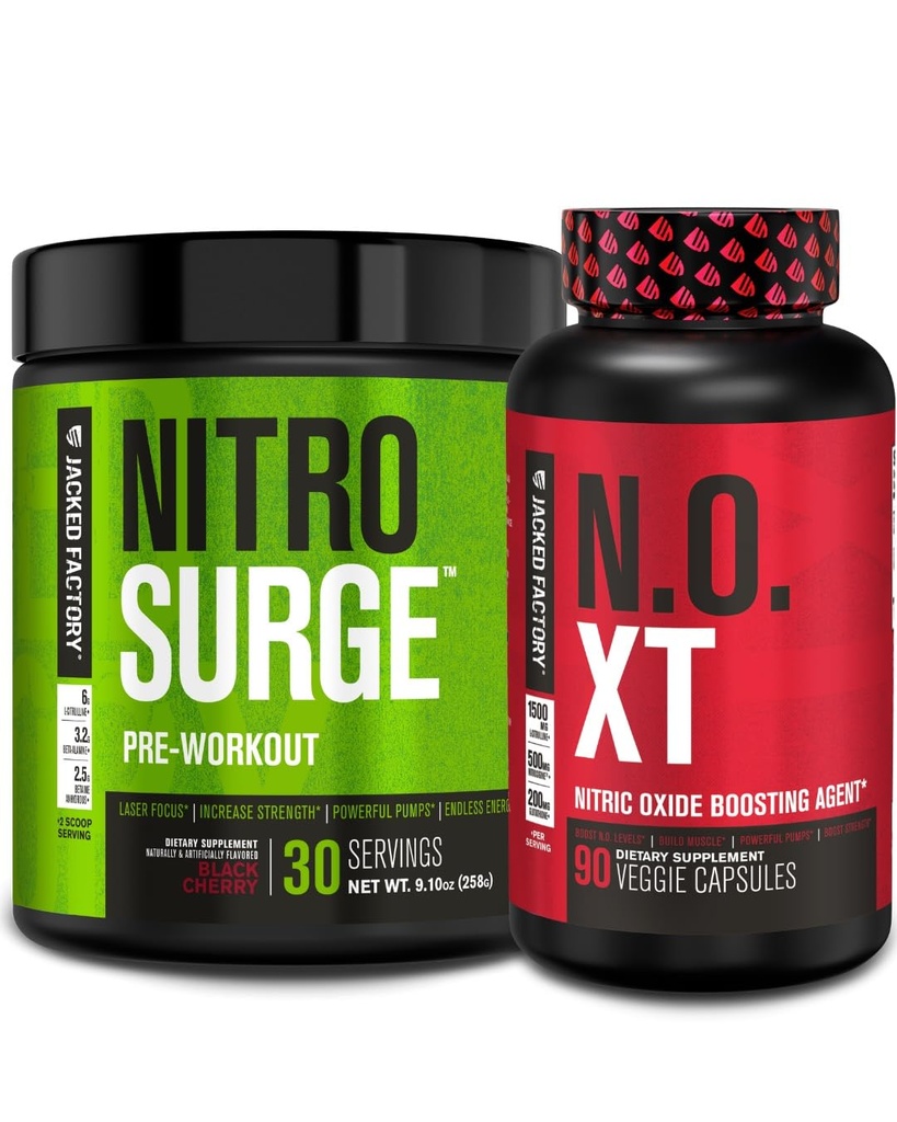 Jacked Factory Nitrovolume Pre- Workout i Black Cherry & N.O. XT nitrogenoxid Booster for mænd og kvinder