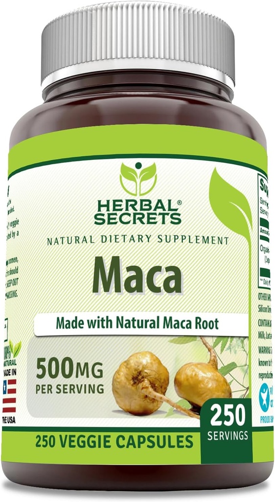 Herbal Secrets Maca 500mg 250 Veggie Capsules | Non-GMO | Gluten Free | Made in USA | Suitable for Vegetarians