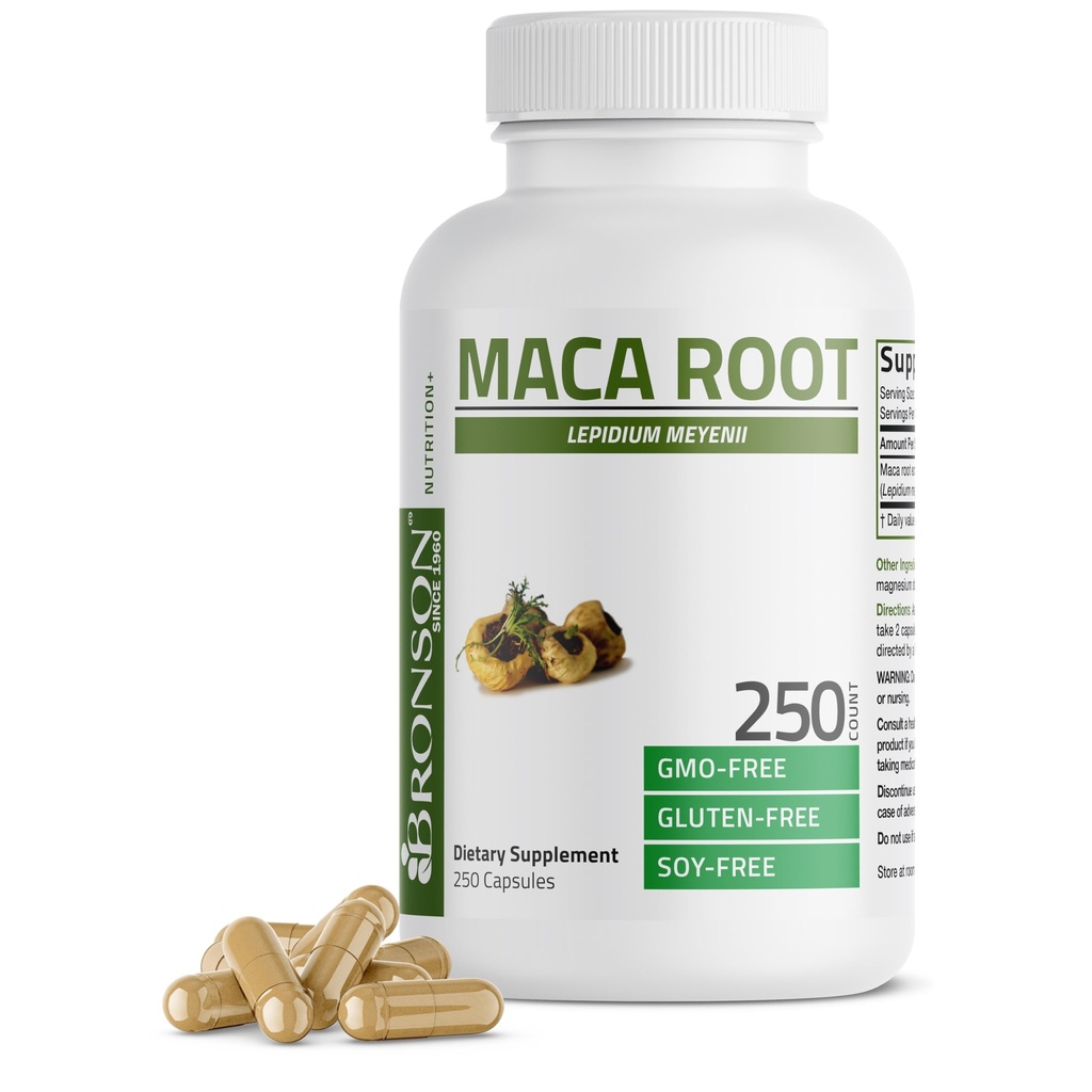 Bronson Maca Root Lepidium Meyenii Non- GMO, 250 vegetariske kapsler