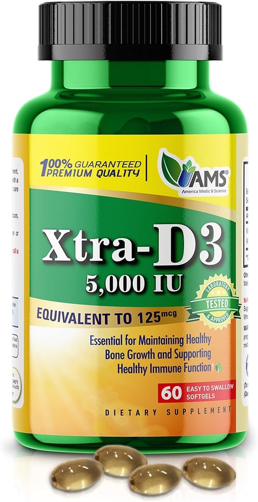 America Medic & Science Xtra D3 vitamin D 5.000 IE (125 mcg) Cholecalciferol supplement til mænd og kvinder (60 Let at synke Softels) Bedste for ben, hjerte sundhed, immunsystemet støtte, Lung funktion