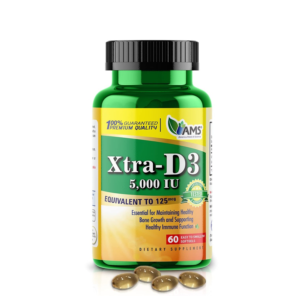 America Medic & Science Xtra D3 vitamin D 5.000 IE (125 mcg) Cholecalciferol supplement til mænd og kvinder (60 Let at synke Softels) Bedste for ben, hjerte sundhed, immunsystemet støtte, Lung funktion