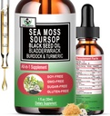 Sea Moss Black Seed Oil Soursop Liquid Drops med Bladderwrack Burdock Root Turmerisk - Multimineral & Vitaminer Superfood Drops Organic non-GMO for immuno & fordøjelsesfremmende & Cell Support Skin Hår