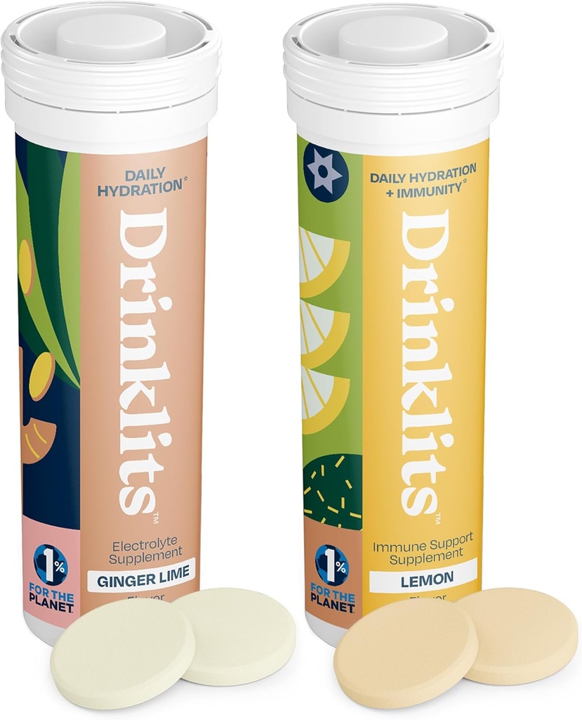 Drinklits Ginger- Lime Hydration & Lemon immunforsvar (2) Tube Combo Pack C124; Great Smag - Daily Electrolytes - Essential Vitamin C124; 20 Servere (10 tabletter Per Tube)