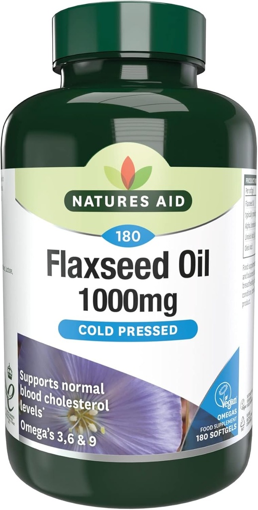 Nature Aid Flaxsee Oil 1000mg Cold Pressed (Omega 3, 6 + 9) 180 caps. Velegnet til vegetarer.