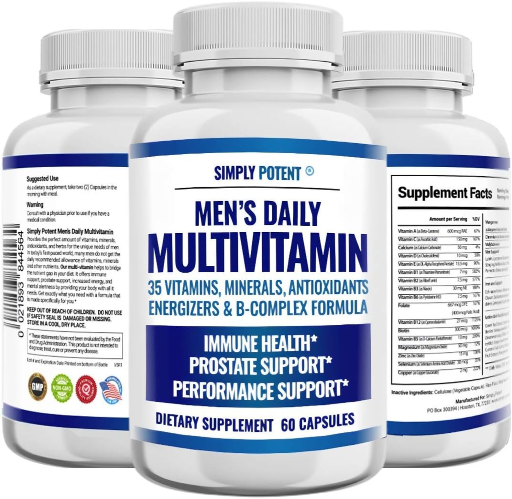 Simply Potent Daily Multivitamin for Mænd, 35 Vitamin med Minerals & Antioxidant, Vitamin A C D E, Biotin B12 Folate Zink Magnesium & Saw Palmetto for Energy, Focus, Immunum & Prostata Sundhed, 60