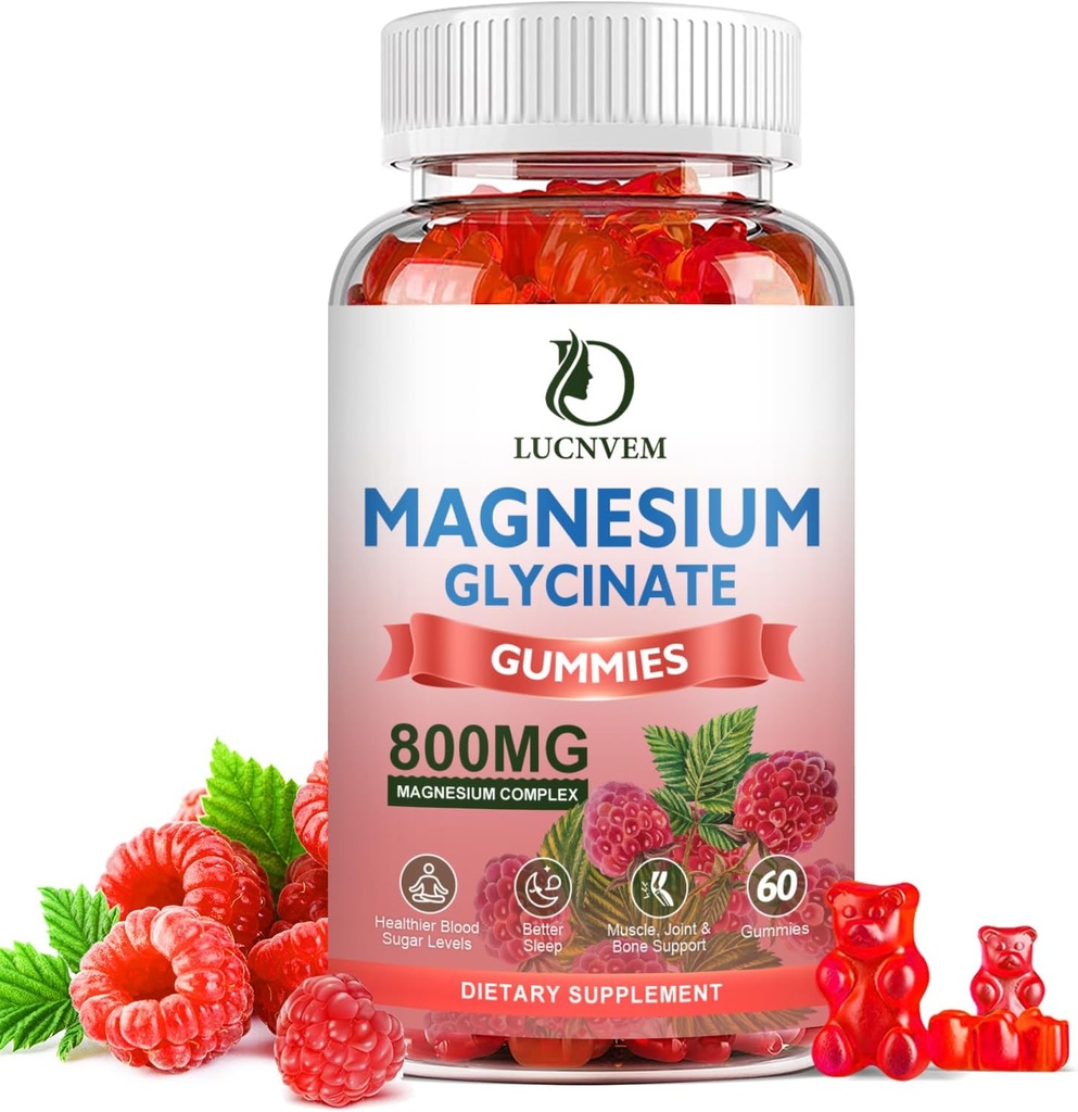 Sugar Free Magnesium Glycinate Gummies, 500mg Magnesium Glycinate med 200mg Magnesium Malat, Taurat, Oxide, COQ10, B6-vitamin og D3, Sleep & Calm Support, 60 Raspberry Gummies