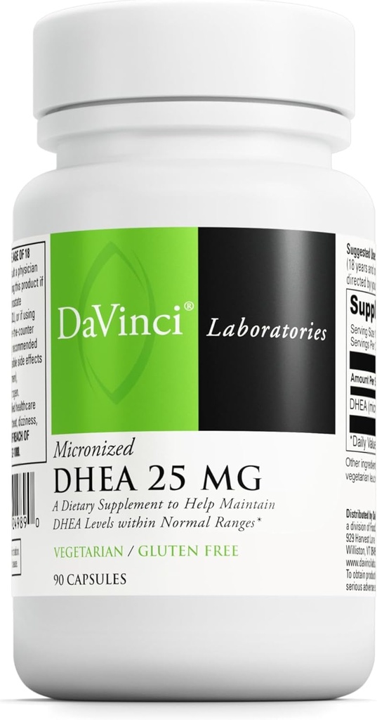 DAVINCI Labs Mikronized DHEA 25 mg - Kosttilskud til immunsystemet, thyreoideasundhed og raske hormon niveauer * - med 25 mg Mikronized DHEA - Gluten- Free - 90 Vegetariske kapsler