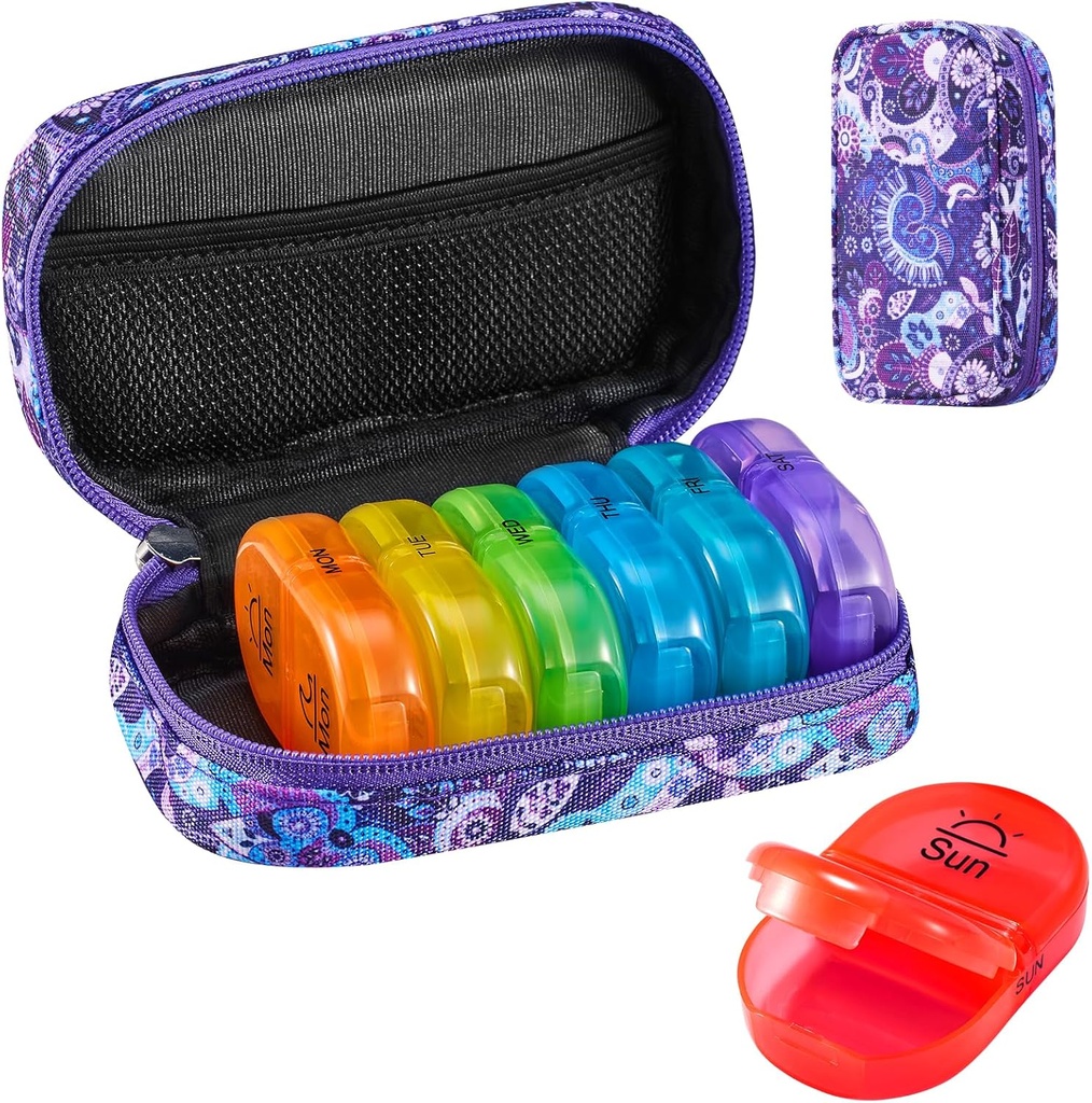 Serfeymi Weekly Travel Pill Organizer 2 gange en dag PM opgraderet Rainbow Pill Box 7 dag med Portable Zipper Canvas Pill Case, Medicin Organizer til piller, Vitaminer, Fiskeolier - Purple 01