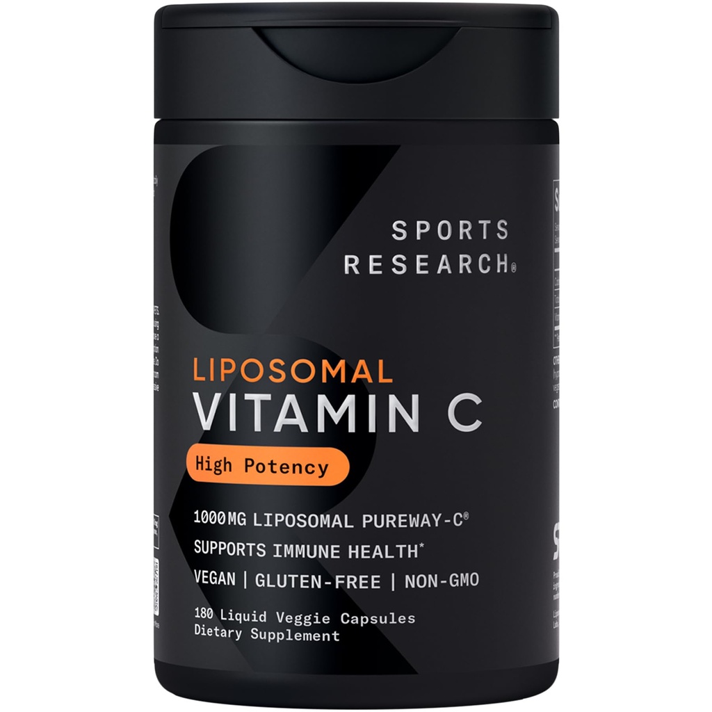 Sports Research ® High Potency Liposomal Vitamin C Supplement 1000 mg - Certified Vegan, Non- GMO, Gluten Free Б124; Antioxidant & Municipaid Support Dex124; Ascorbic Acid Vitamin C
