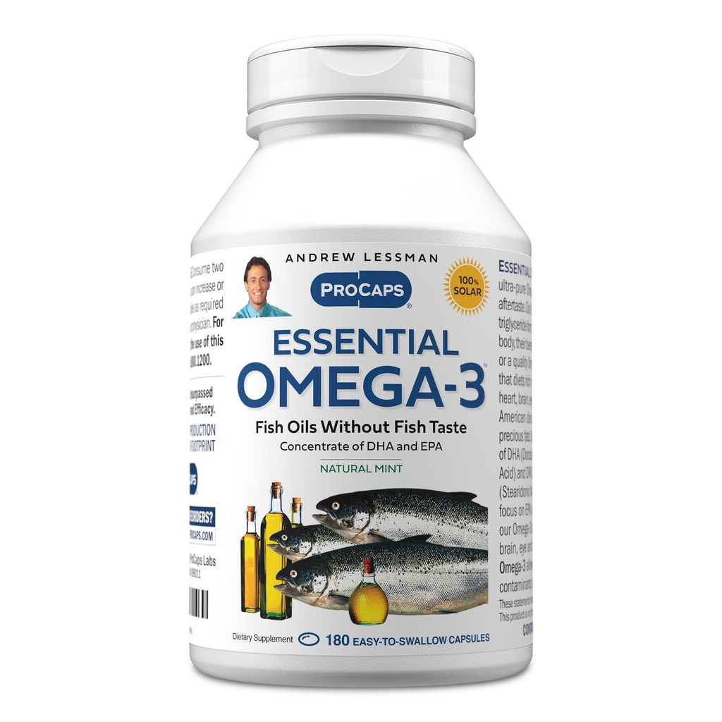 ANDREW LESSMAN Essential Omega-3 Mint - 180 Softels - Ultra-Pure, High Potence Omega-3 Olies. Høj DHA, ingen stomach, ingen kontaminanter, ingen kviksølv. Lille let at synke bløddele