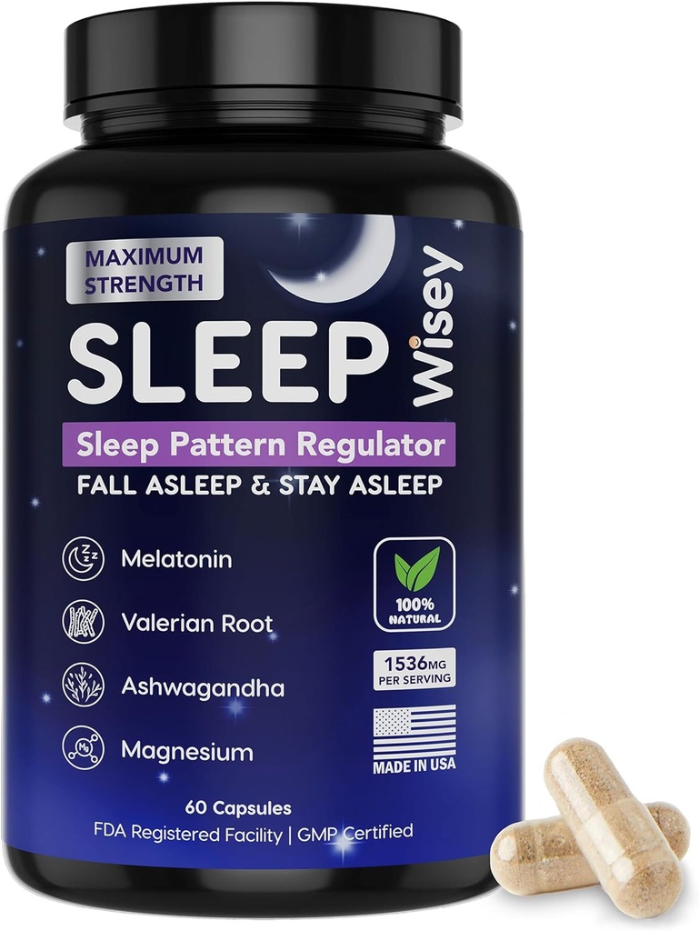 Wisey Natural Sleep Aid - fremmer sund søvn og afslapning - Urtesøvn supplement for voksne med Valerian, Melatonin, Magnesium, Ashwagandha - ikke-Habit Forming - 60 kapsler