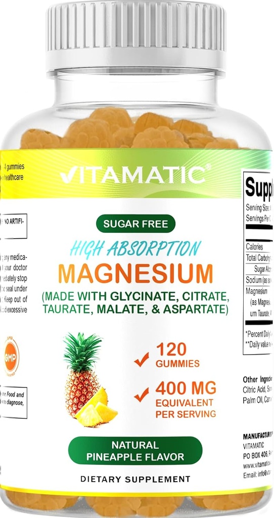 Vitamatisk sukker fri Magnesium Gummies - (Lavet med GLYCINATE, Citrate, TAURATE, Malat, & ASPARTAT) - 400 mg per Servering - 120 Gummies - fremmer sund afslapning, muskel, ben, & energistøtte