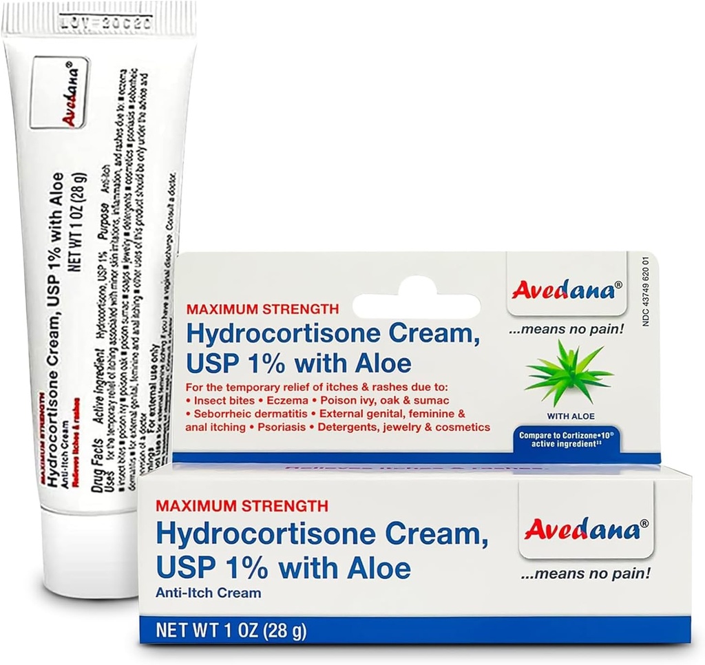 Hydrocortison Cream - 1 Ounce Eczema Cream med Aloe Vera - Premium Anti-Itch Cream Ekstra Styrke - Ideel til udslæt, Itchiness, Insect Bites, Dermatitis, Rengøringsmidler, Smykker