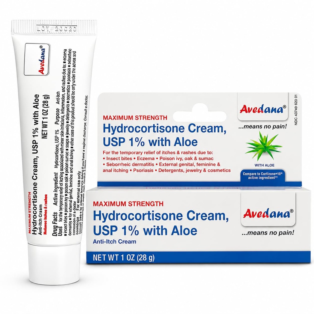 Hydrocortison Cream - 1 Ounce Eczema Cream med Aloe Vera - Premium Anti-Itch Cream Ekstra Styrke - Ideel til udslæt, Itchiness, Insect Bites, Dermatitis, Rengøringsmidler, Smykker