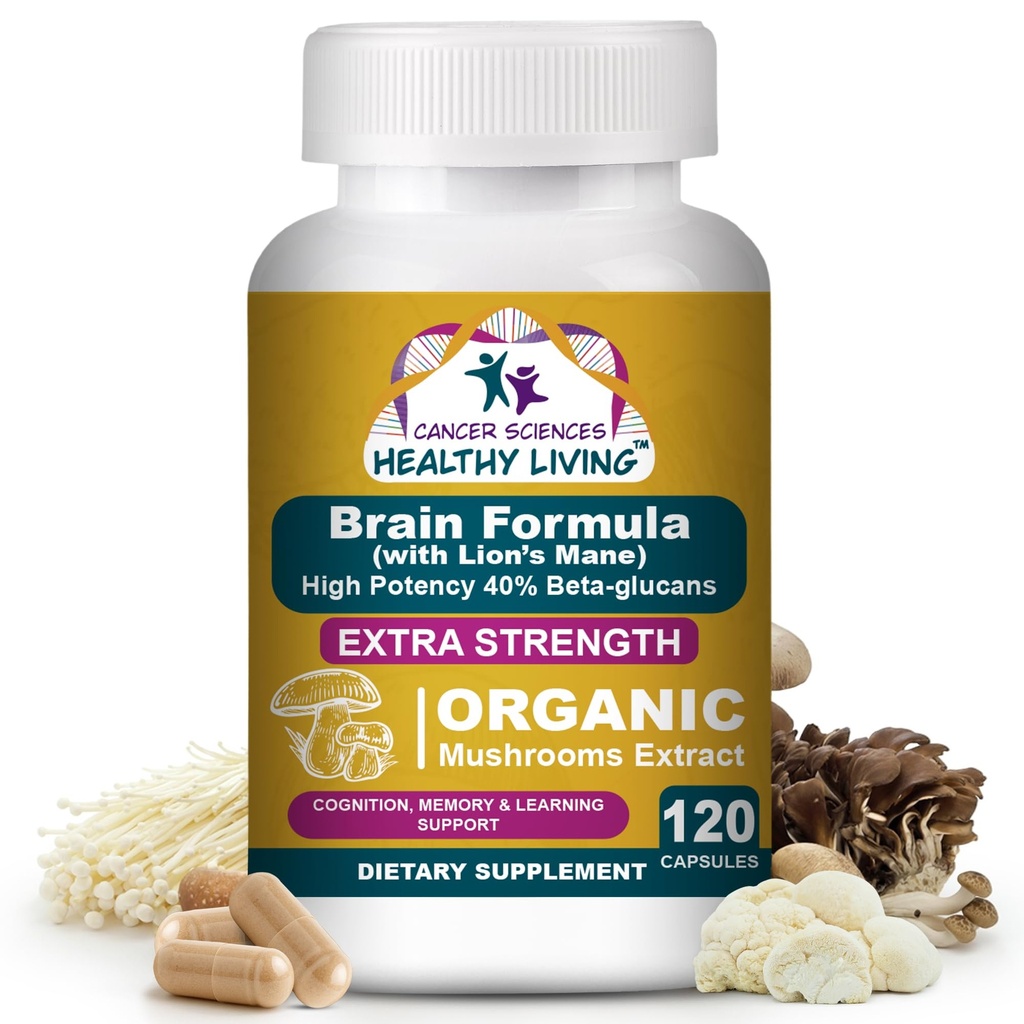 Cancer Sciences Brain Supplements for Memory and Focus - 1.500mg Brain Health Mushroom Supplement for voksne & seniorer - Høj potens 40% Beta- Glucans for immunforsvar & vitaminer, 120 kapsler