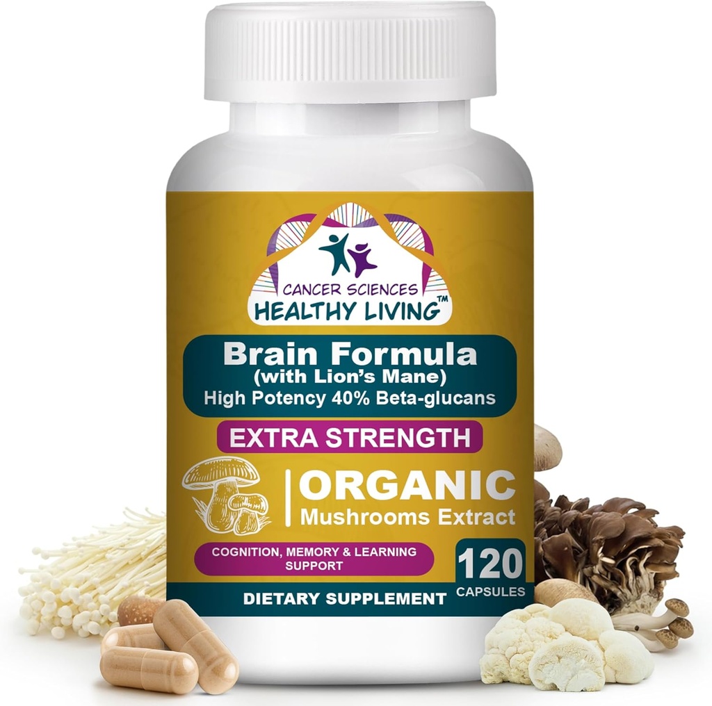 Cancer Sciences Brain Supplements for Memory and Focus - 1.500mg Brain Health Mushroom Supplement for voksne & seniorer - Høj potens 40% Beta- Glucans for immunforsvar & vitaminer, 120 kapsler