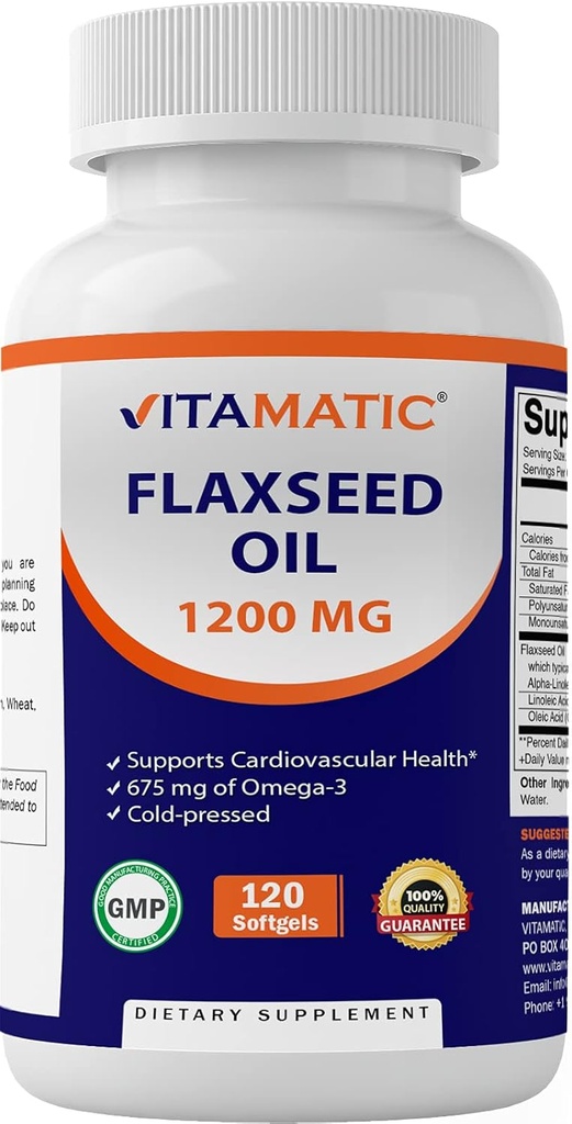Vitamatisk Flaxseed Oil 1200 mg - 120 Softgels Cold- Pressed Flaxseed Oil med 675 mg ALA Omega-3 - Understøtter hjertesundhed & Samlet Wellness