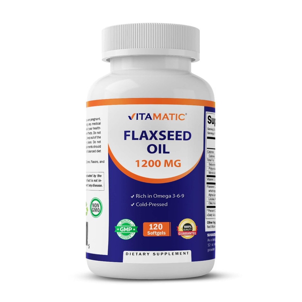 Vitamatisk Flaxseed Oil 1200 mg - 120 Softgels Cold- Pressed Flaxseed Oil med 675 mg ALA Omega-3 - Understøtter hjertesundhed & Samlet Wellness