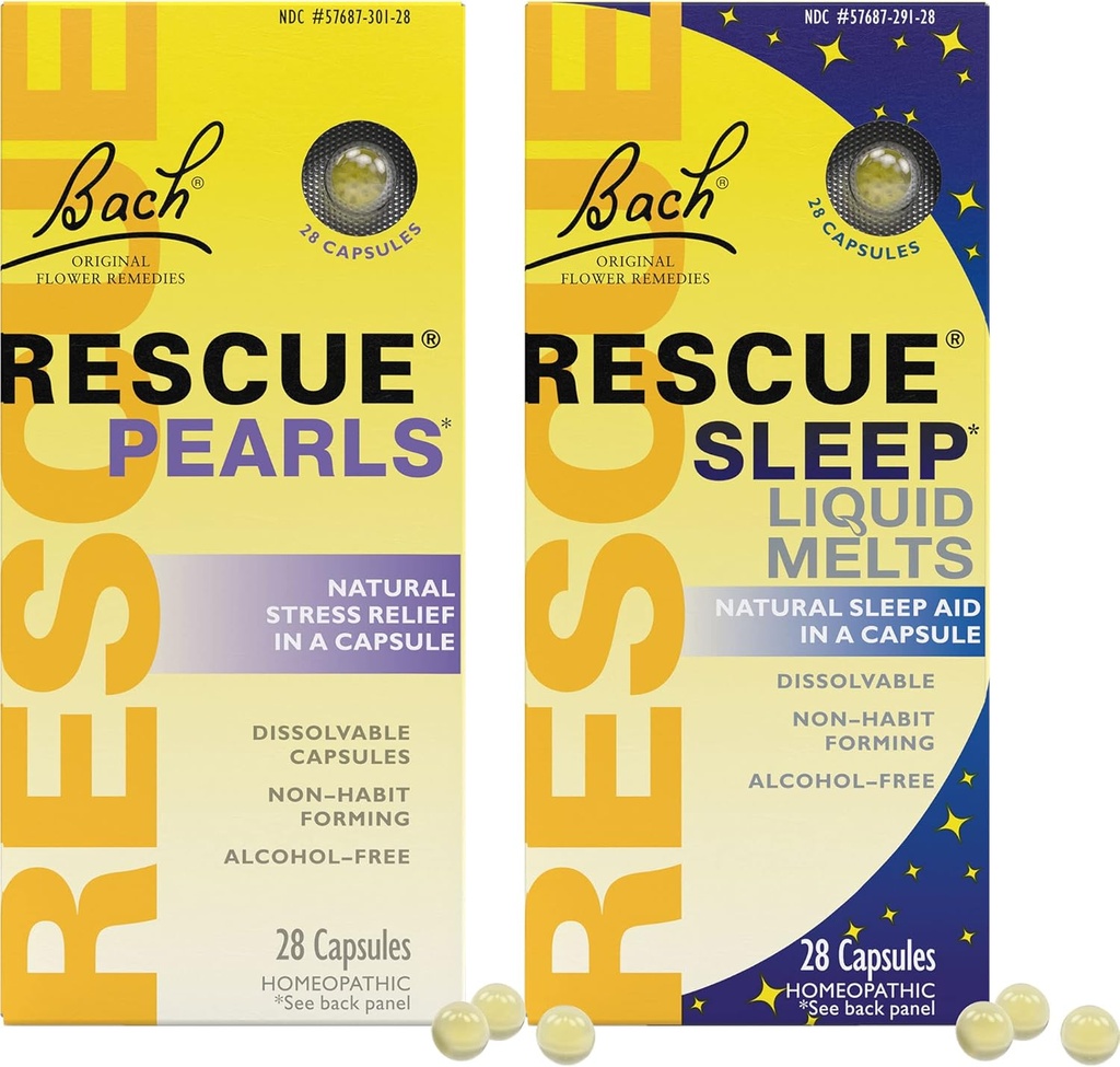 Stress & Sleep Bundle, Bach RESCUE Pearls, Natural Stress Relief [og] RESCUE Sleep flydende smelte, Natural Sleep Aid - 2-Pk, Homøopatisk Blomst Essence