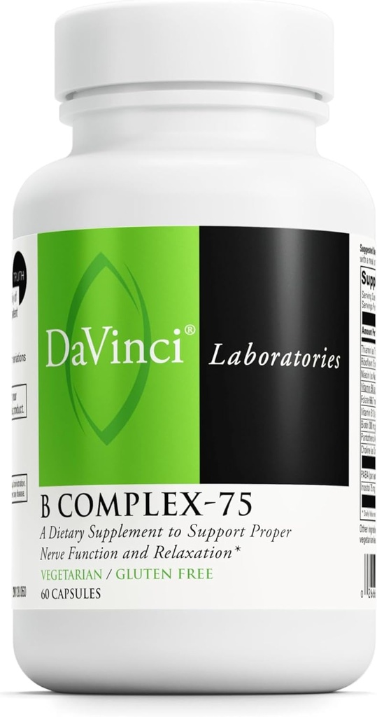 DAVINCI Labs B Complex- 75 - Understøtter afslapning og korrekt nervefunktion * - Kosttilskud med Niacin, vitamin B6, B12, biotin, cholin og mere - Vegetarisk - Gluten- fri - 60 kapsler