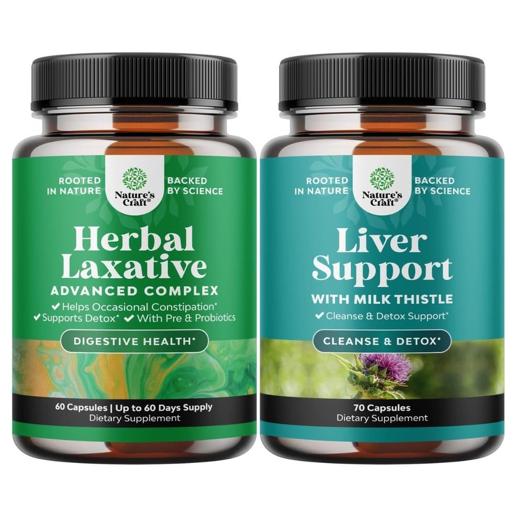 Bundle af Herbal Laxative Kapsler med Probiotika og Lever Rengøring Detox & Reparation Formel - Natural Colon Detox fordøjelsessystem - Herbal Lever Support Supplement med mælk tidsel