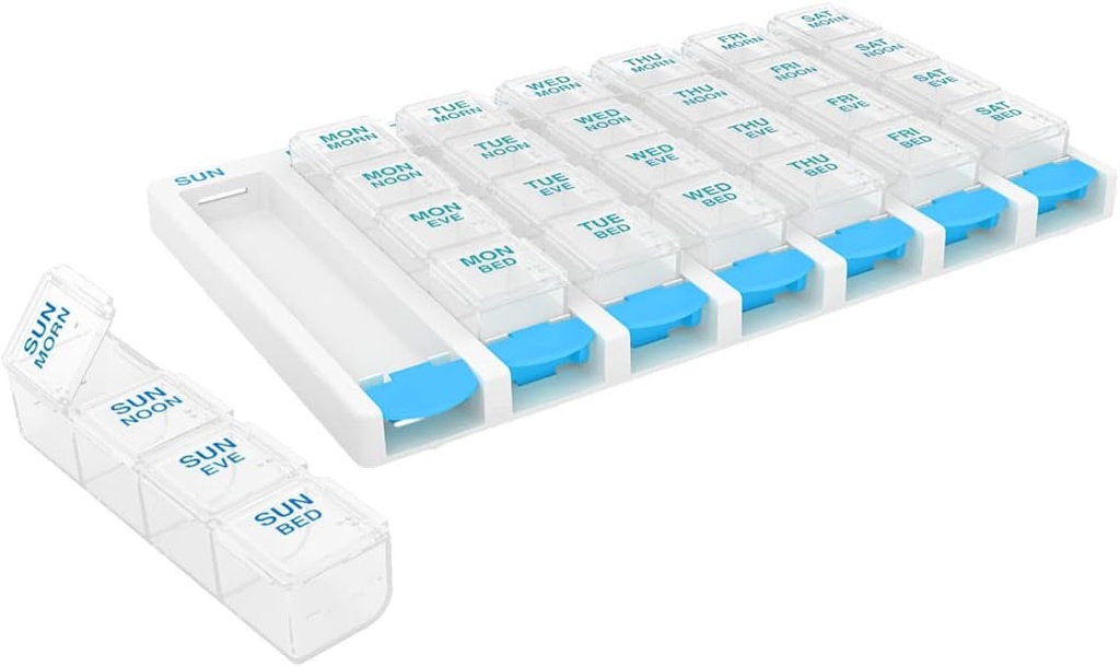 EZY DOSE Ugentlig (7 dag) 4 gange en dag Trykknap Pill Organizer og Vitamin Planner, Aftagelige daglige Piller, Blå, Clear Lids, Large, BPA Free