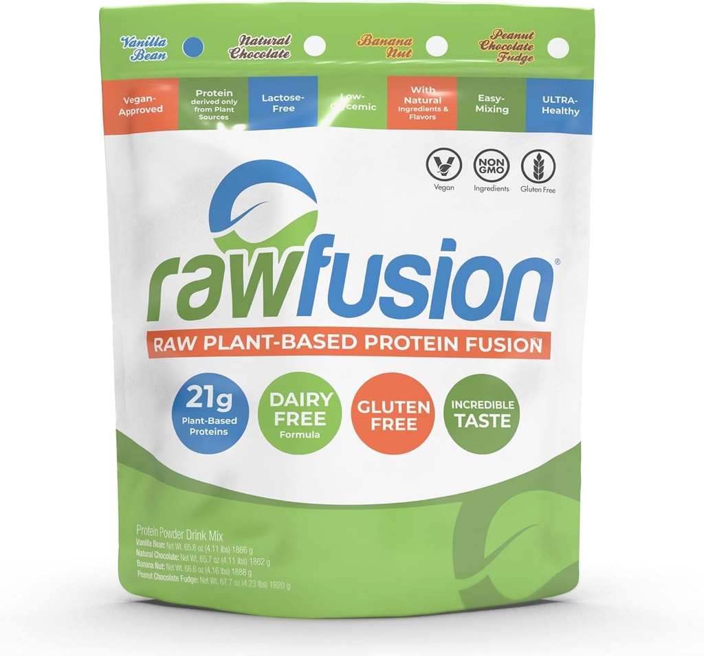 Rawfusion- Vegan Protein Powder, Vanilla Bean - 60 Servering 21g Plantebaseret Protein, Lavnettarmaturer, non-Dairy, Gluten / Lactose Free, Soy Free, Kosher, Non- GMO, 4lbs Pound