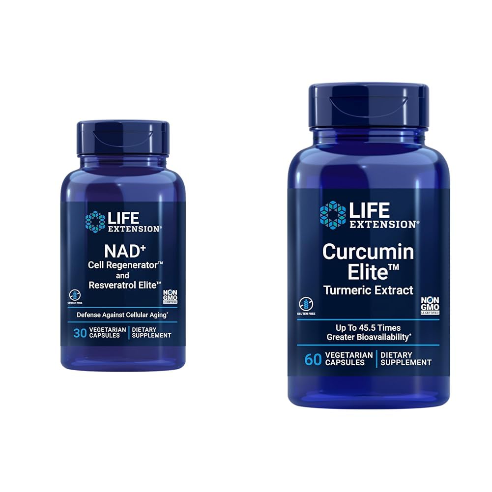 Life Extension NAD + Cell Regenerator og Resveratrol Elite, NIAGEN nicotinamid ribosid & Curcumin Elite gurmerisk ekstrakt, fremmer en sund inflammatorisk respons