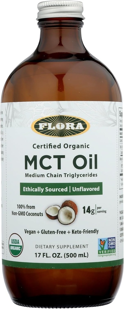 Flora Health MCT Oil Organic Energy Boost, C8 Captain & C10 Capric Acid, Keto, Kosher, Non- GMO Verified, 100% fra Ethically and Sustainable Sourced Coconuts, 17 Fl Oz Liquid, Glass Bottle