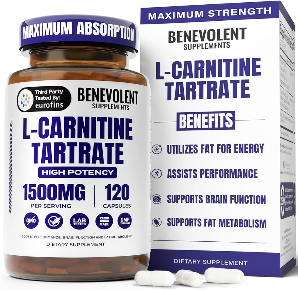 Benevolent L Carnitin Supplement - høj potens 1500mg L- Carnitin tartrate - hurtig Absorbing, Konverter fedt til energi, Support Lean Muscle, Boost Workout Performance & Metabolisme - 120 Veganske kapsler