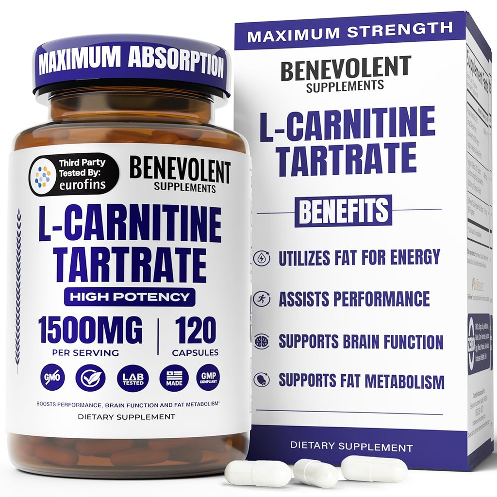 Benevolent L Carnitin Supplement - høj potens 1500mg L- Carnitin tartrate - hurtig Absorbing, Konverter fedt til energi, Support Lean Muscle, Boost Workout Performance & Metabolisme - 120 Veganske kapsler