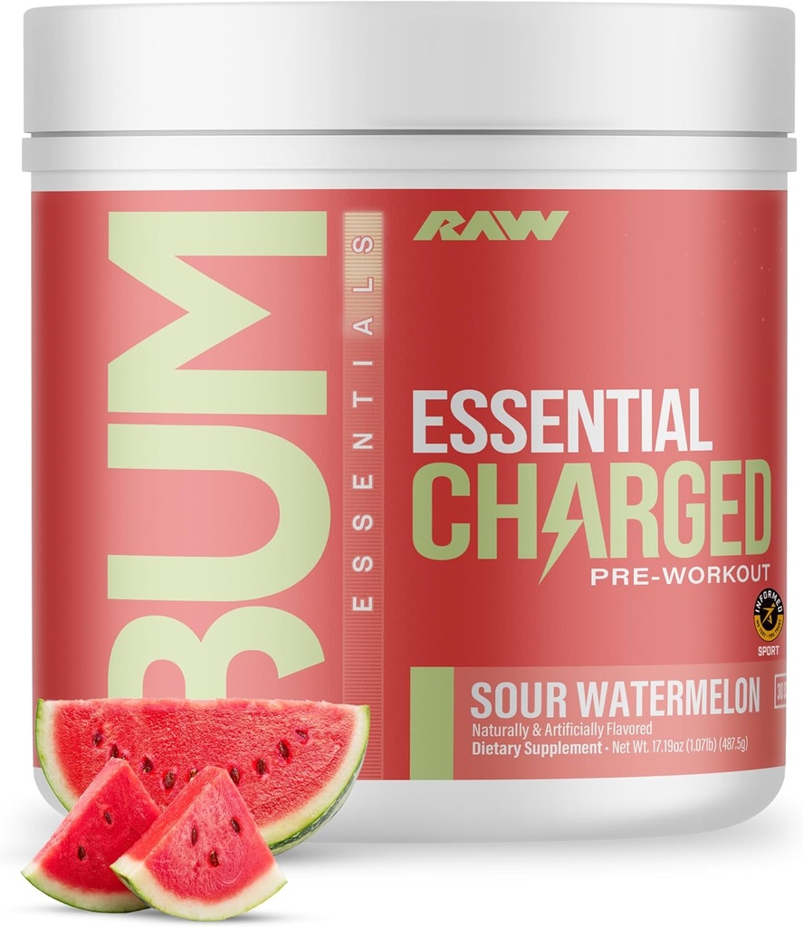 RAW Pre- Workout Powder, Essential CHARGED (Sour Watermelon) - Preworkout supplement til mænd og kvinder - Understøtter fokus, mad og ydeevne - Koffein, Alpha- GPC, L- Citrullin, Beta Alanine (25 Servere)