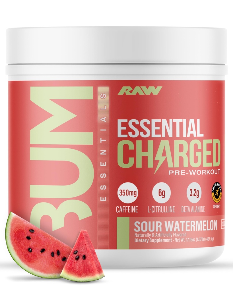 RAW Pre- Workout Powder, Essential CHARGED (Sour Watermelon) - Preworkout supplement til mænd og kvinder - Understøtter fokus, mad og ydeevne - Koffein, Alpha- GPC, L- Citrullin, Beta Alanine (25 Servere)