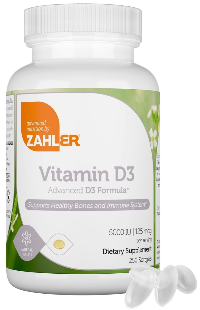 Zahler - Avanceret D3 5000 IE Softgels (250 Greve) Kosher Vegetarisk Venlig D-vitamin til immunforsvar, ben, tænder og muskel sundhed - Dagligt D3 Vitamin supplement til voksne - Easy Swallow V