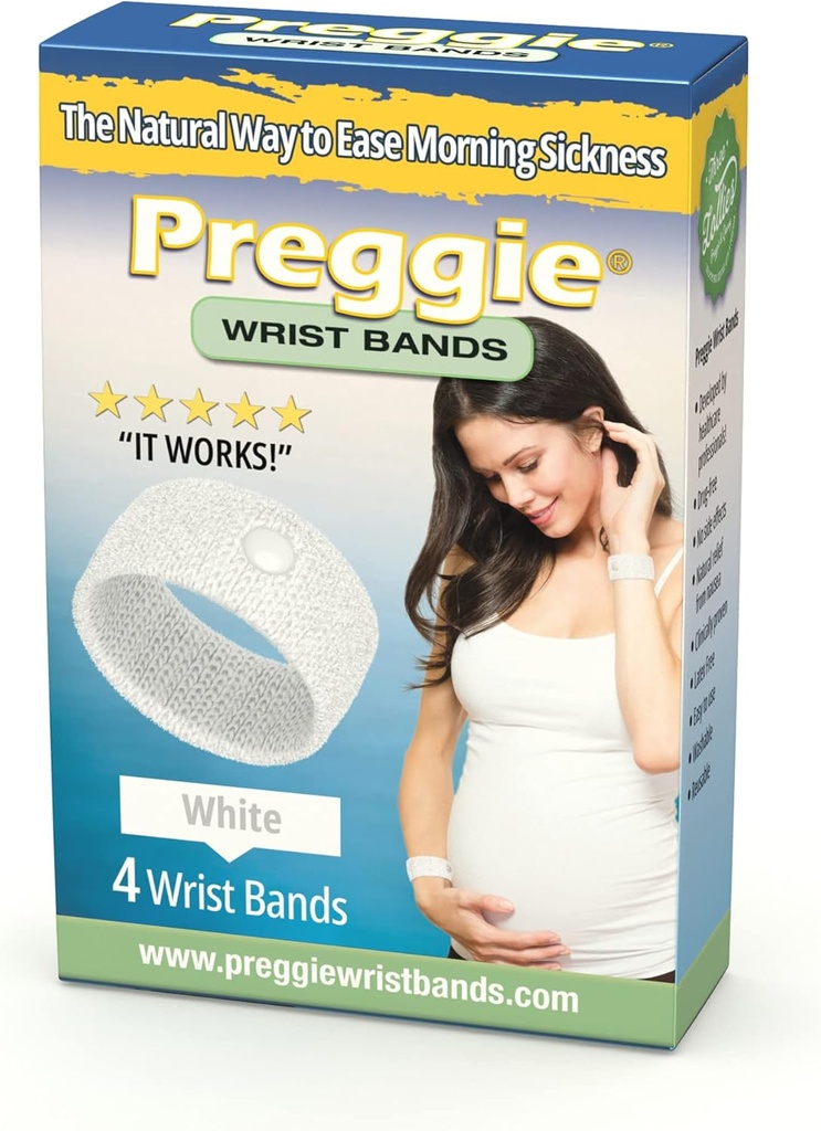 Preggie Anti- Kvalme armbånd - Morgen Sygdom Relief - Klinisk testet Kvalme Relief Støtte - Graviditet Kvalme Relief - Acupressure armbånd - Side Effect Free - 2 Par, Sæt af 4 Bands - Hvid