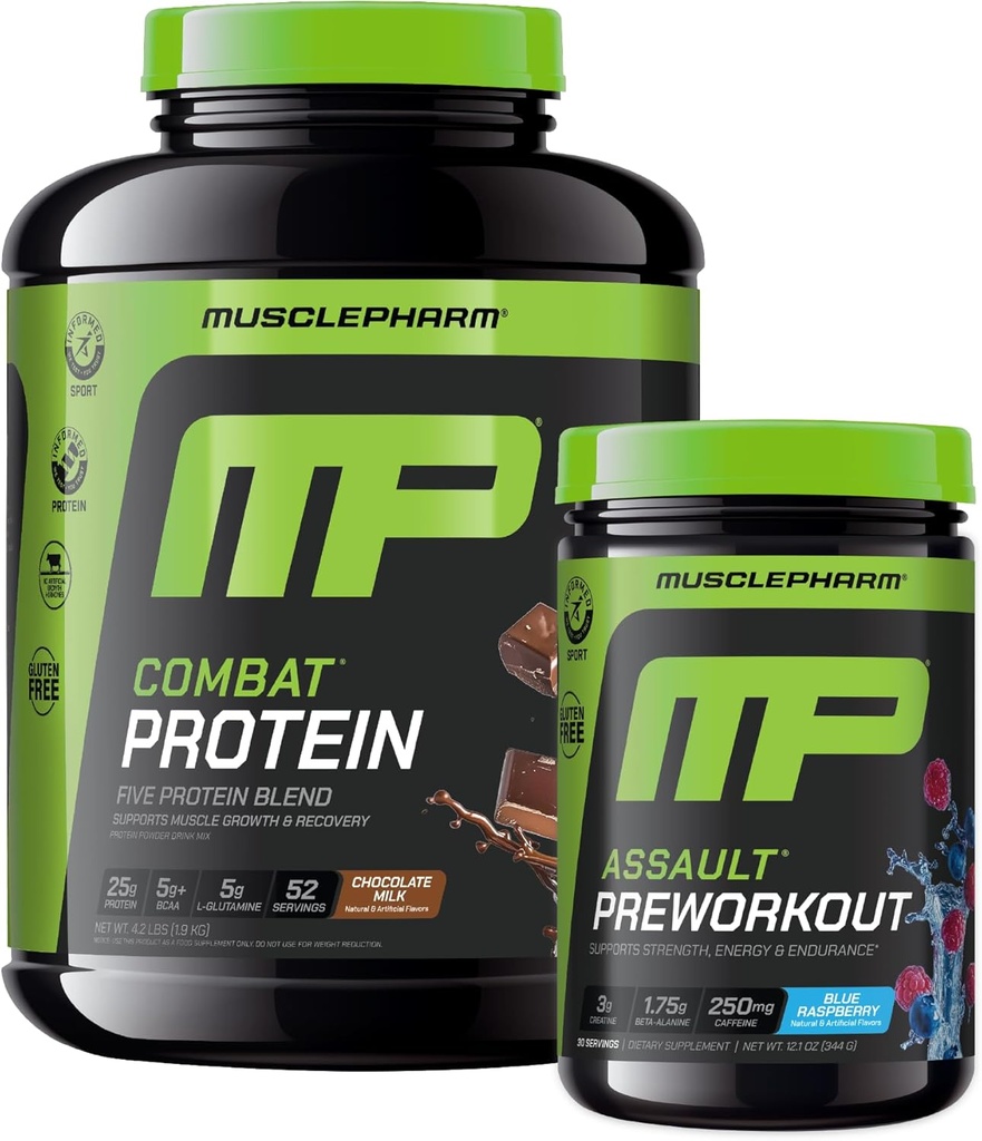 Muscle Pharm Combat 4LB chokolade protein og MusclePharm Assault Blå Raspberry Pre- træning
